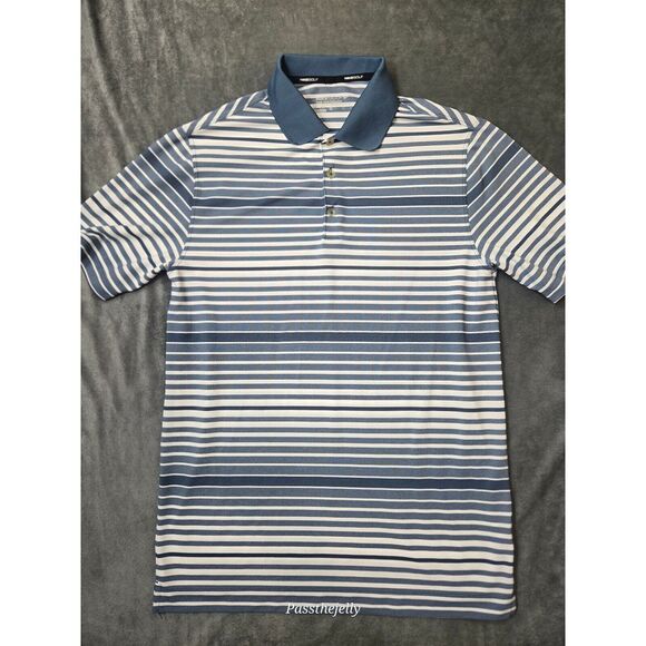 Nike Polo Shirt Men Medium Blue Stripe Performance Stretch Golf‎ Lightweight - Picture 1 of 10